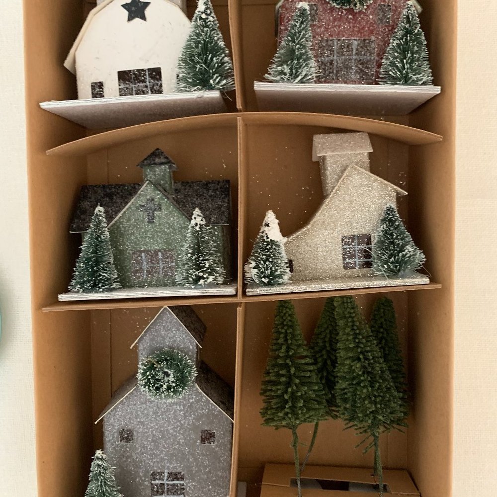 Putz Style Glitter Houses with Brush Trees, Putz Style Christmas Village